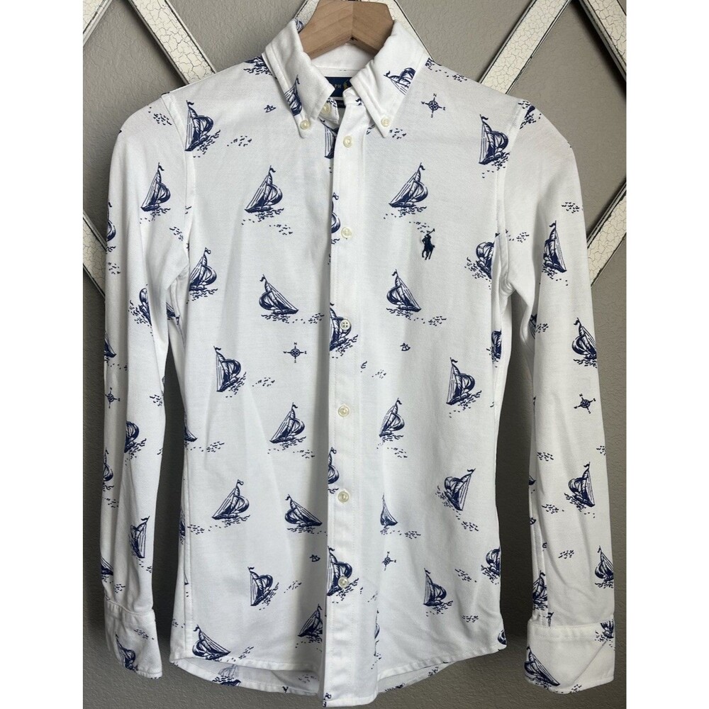 Ralph Lauren Knit Oxford Youth Boy’s S Button Down Long Sleeve Shirt Sailboats
